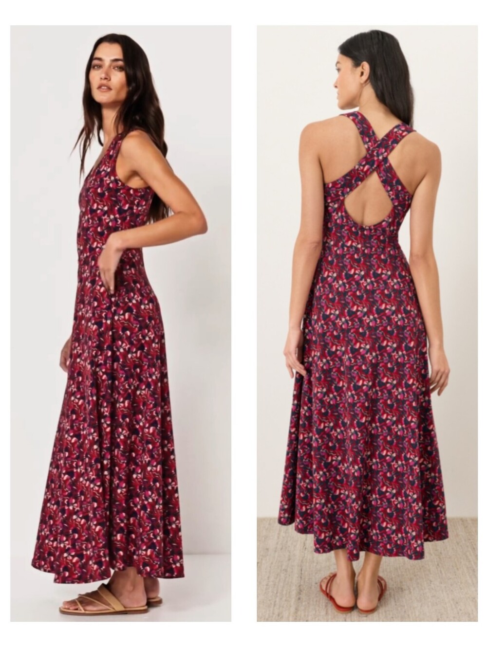 PACT Paradise Petals Poppy Red Organic Fit & Flare Maxi Dress
